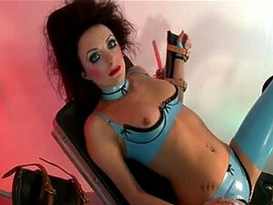 Perverted British doxy Paige acquires screwed in blue latex nylons,