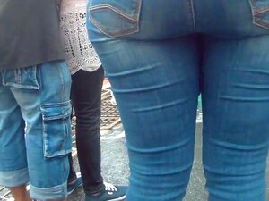 Delicious butt in white jean filmed on street hidden cam