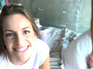 Flirty cutie BFFs  fucked by a hot neighbor. Flirty cutie babes are having fun playing pillow fight in the bedroom They want some more hot action so they invited a hot guy to fuck  their pussies They love sharing a huge hard dick by sucking it and fucking 