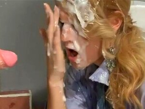 Blonde in jeans bukkaked in public restroom